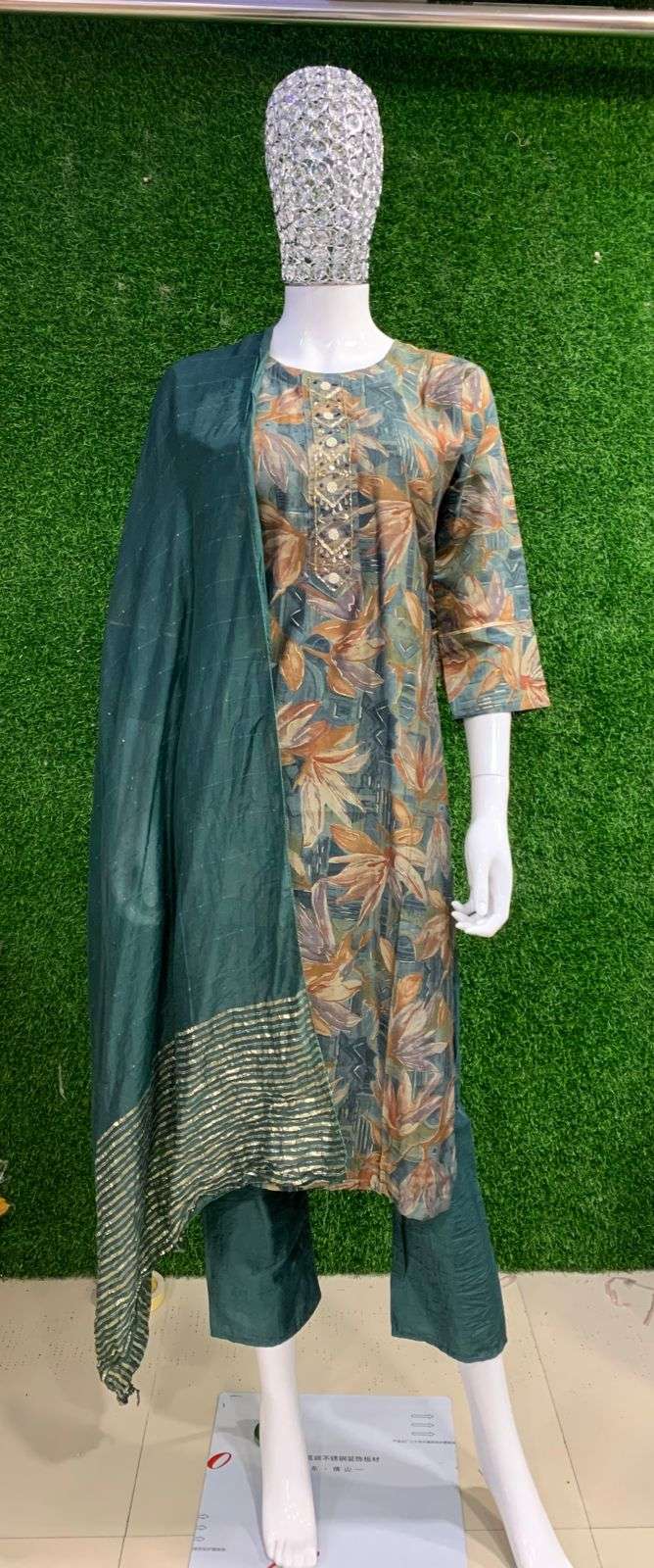 BEMITEX PRESENTS MODAL SILK FABRIC WITH HAND WORK BASED LEAF PRINTED READYMADE 3 PIECE SUIT COMBO COLLECTION WHOLESALE SHOP SURAT